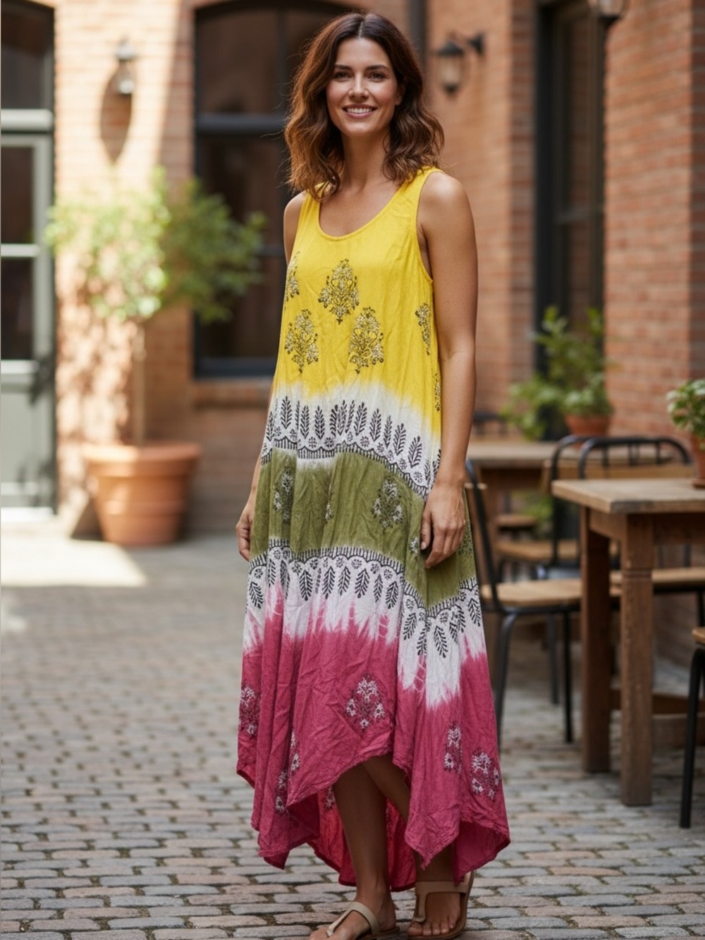 S.R. Fashion Free Size Tie Dye Maxi Dress Yellow Pink Olive Sleeveless Boho